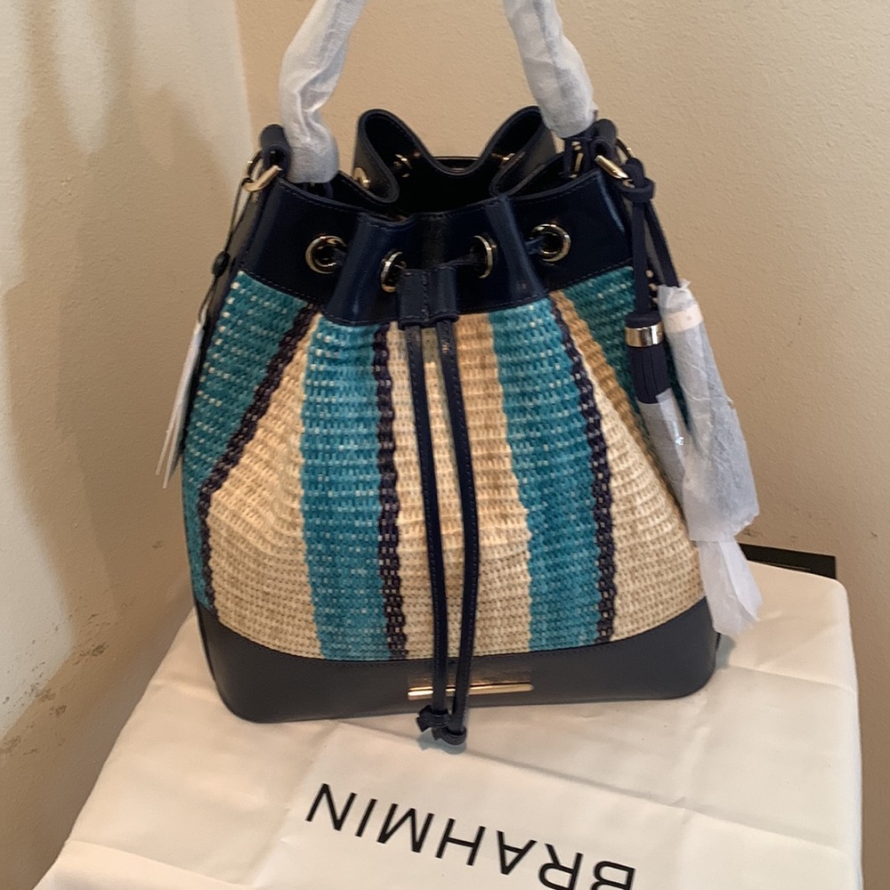 Anguilla Collection Marlowe Striped Drawstring Straw Bucket Shoulder - Picture 3 of 16